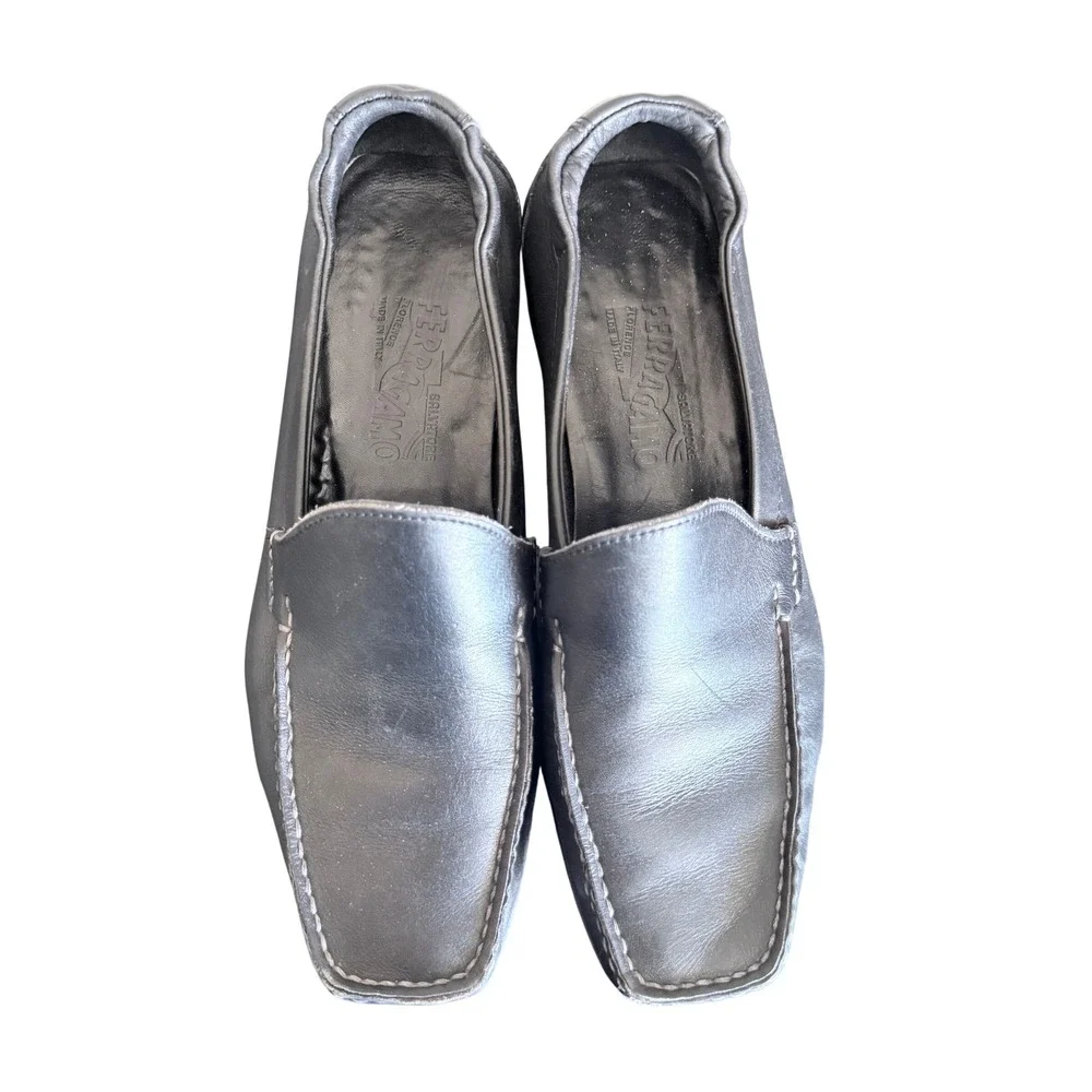 Salvatore Ferragamo Men's Black Leather‎ Square Toe Loafers Size 8.5